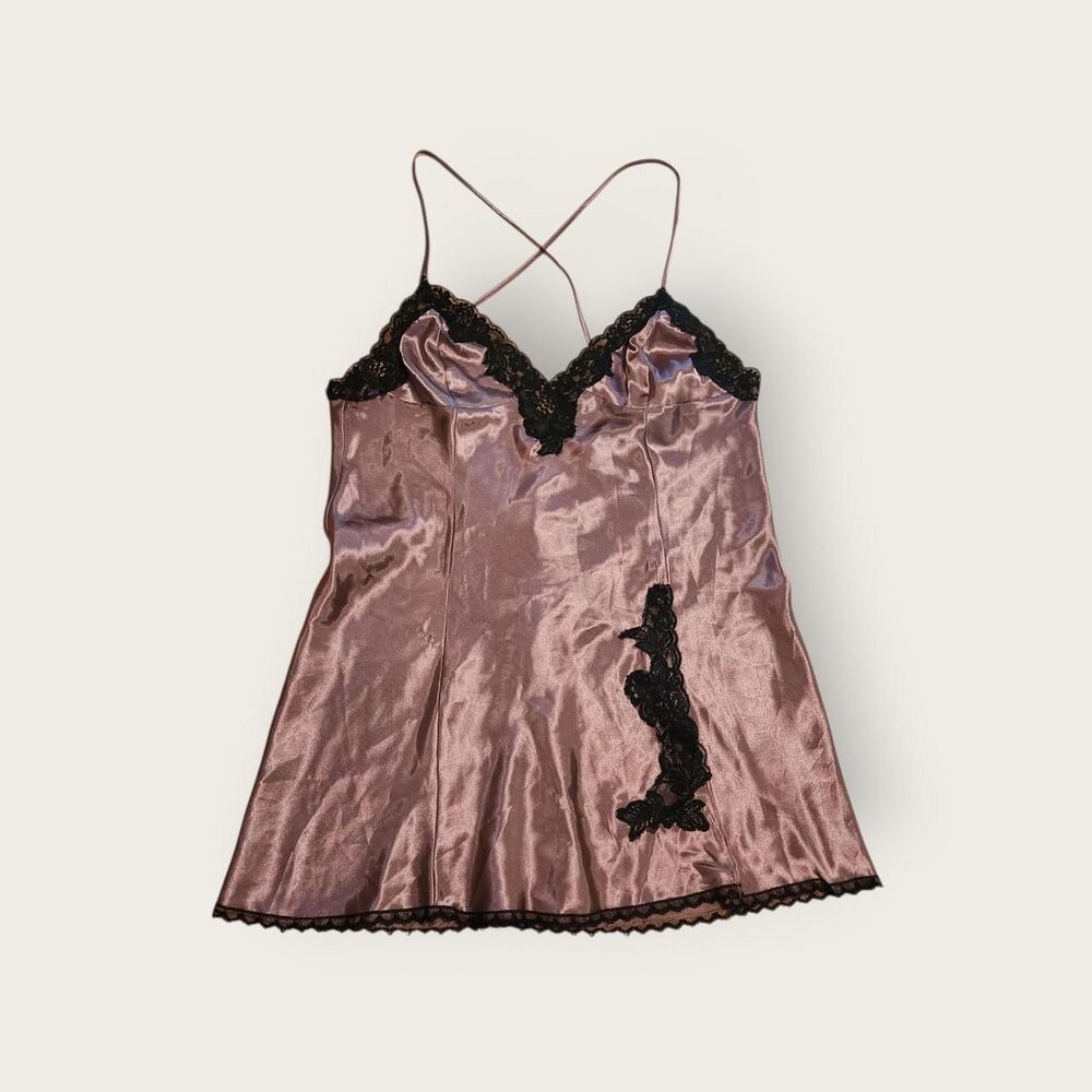 Vintage Y2k Frederick's of Hollywood brown with black lace trim mini slip dress